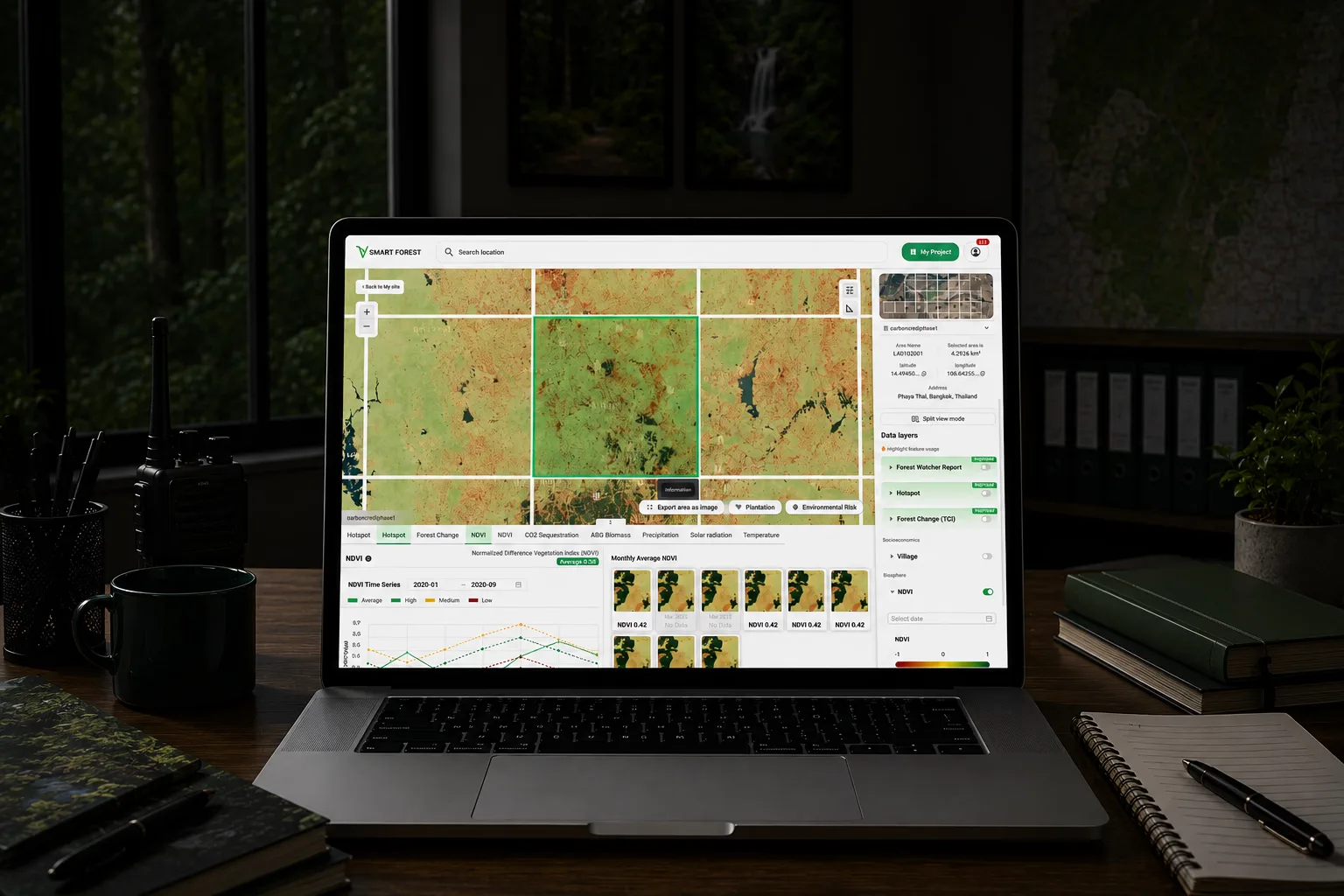 Smart Forest analytics on a laptop: a plot's master grid on satellite imagery, with its NDVI time series and monthly images